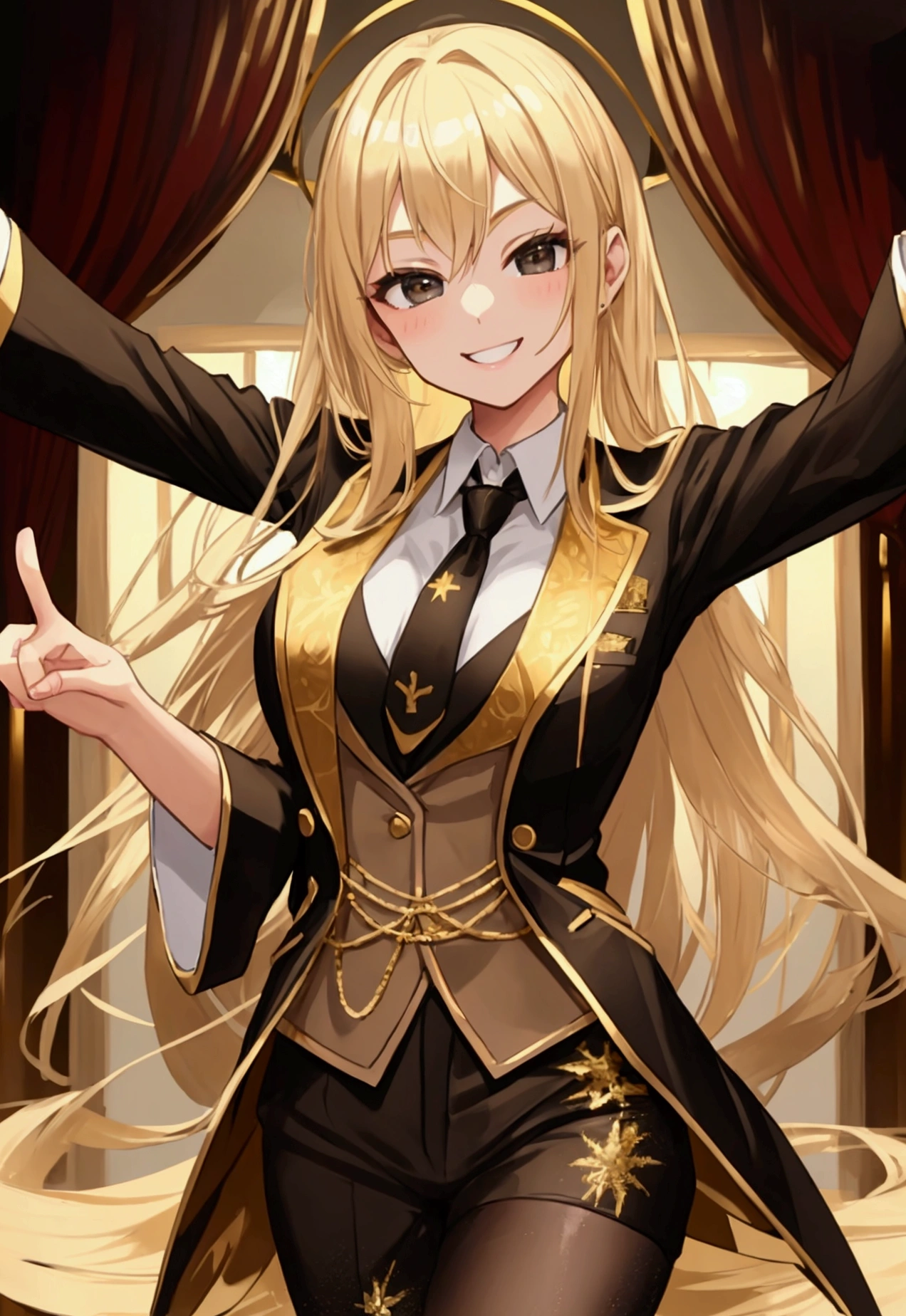 Young, blonde haired girl, medium breasts, black and gold suit and tie, at dance, smiling, smile