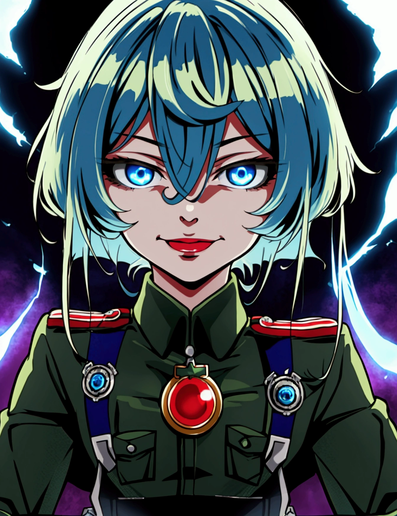 Degurechaff, military uniform, smile, teen, blue eyes, psychotic eyes, detailed face, vibrant colors, sharp focus, intense lighting, surrealistic atmosphere, wartime setting, magical elements