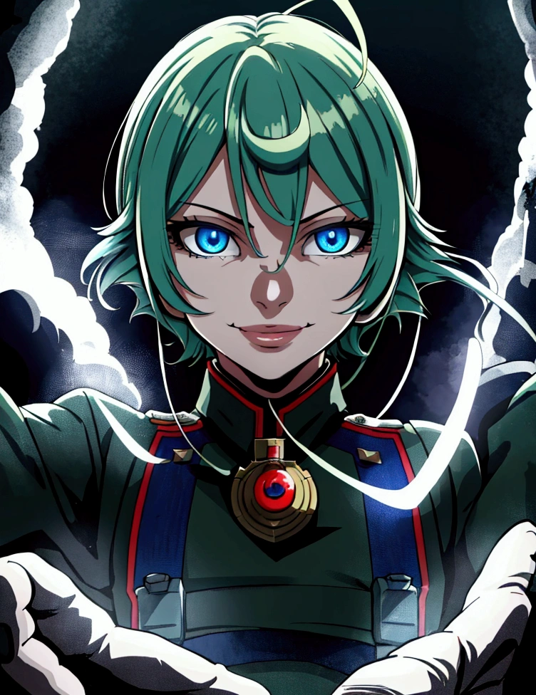 Degurechaff, military uniform, smile, teen, blue eyes, psychotic eyes, detailed face, vibrant colors, sharp focus, intense lighting, surrealistic atmosphere, wartime setting, magical elements