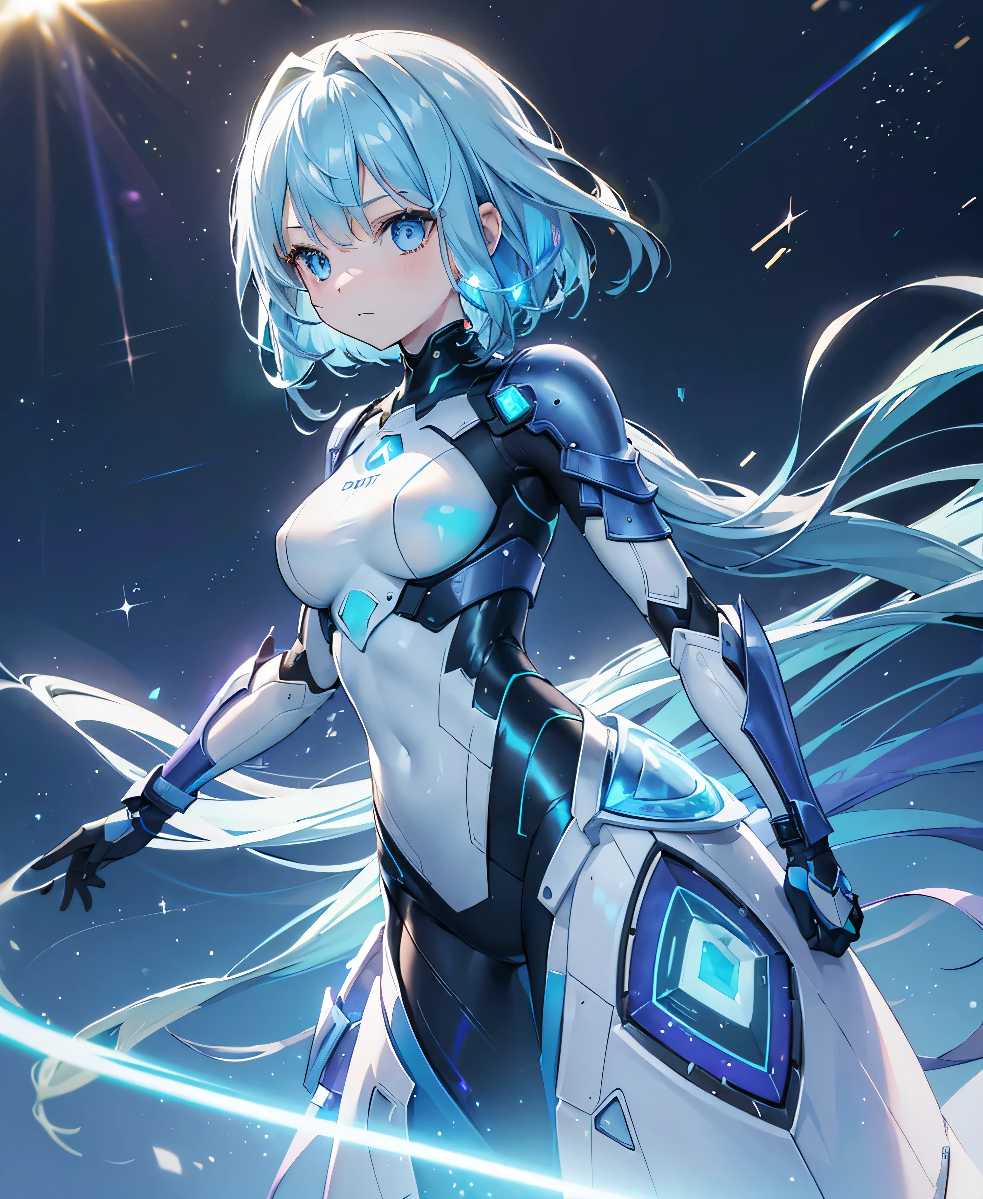 ((Holographic glow effect)),8k, Highest quality, (real:1.4), Original photo, 1 girl, Asari Hair, Biological Amplifier, refined armor, posture: Peace talks between warring factions, smart blue eyes,whole body,Vortex of Light,Band of Light,Aurora