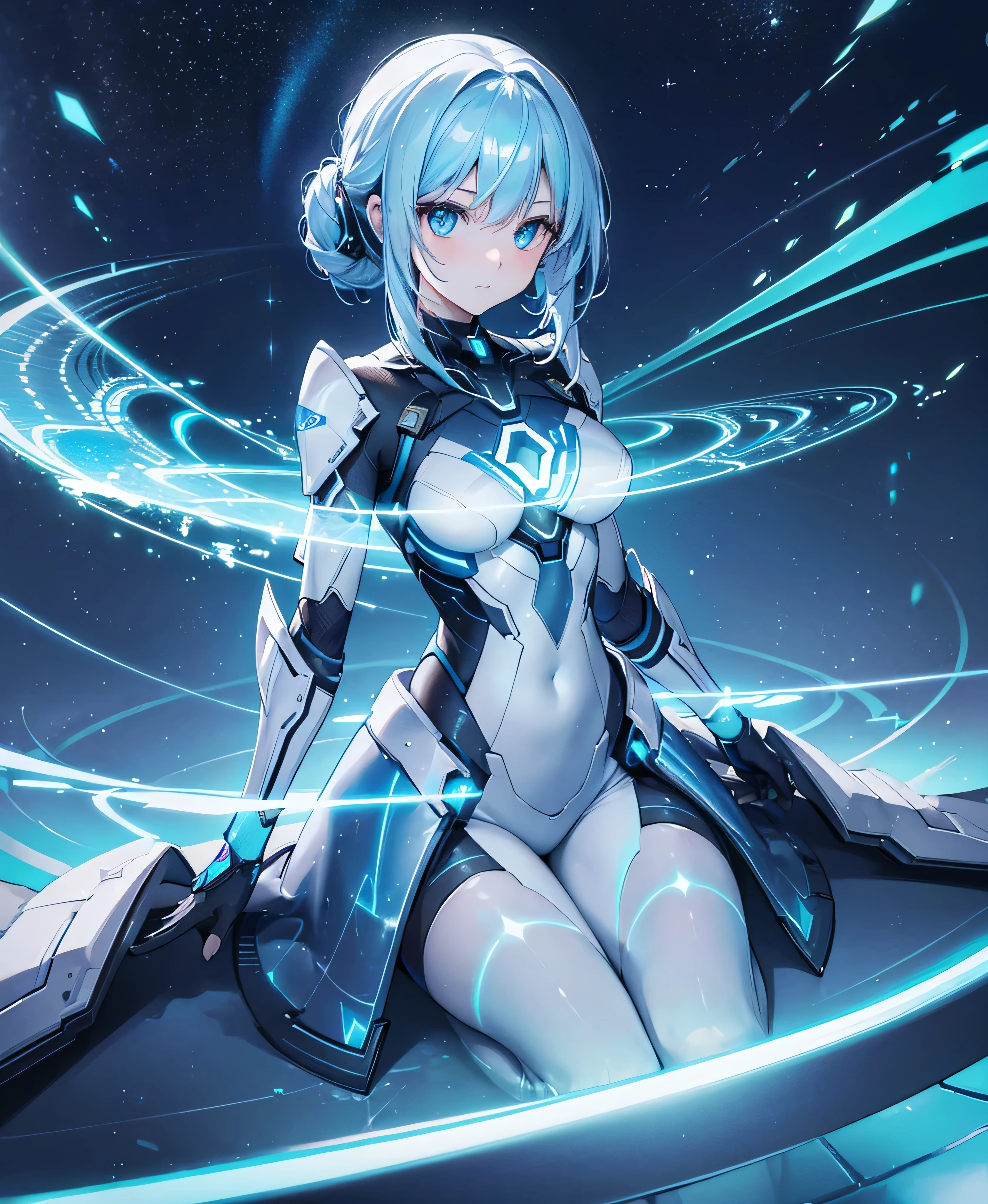((Holographic glow effect)),8k, Highest quality, (real:1.4), Original photo, 1 girl, Asari Hair, Biological Amplifier, refined armor, posture: Peace talks between warring factions, smart blue eyes,whole body,Vortex of Light,Band of Light,Aurora
