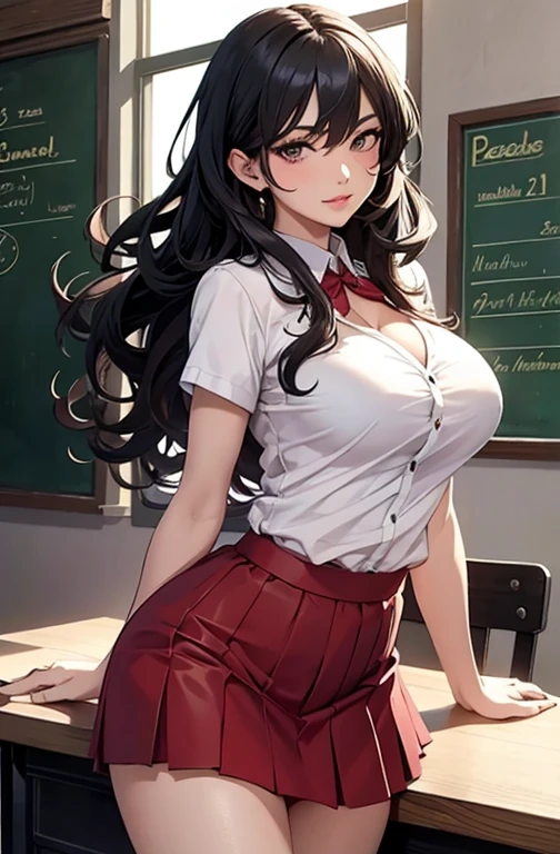 masterpiece, best quality, best lighting, shadows, perfect anatomy, 1 girl, adult anime girl, 21 years old, mature features, showing tits, bitchy face, pretty lips, pretty eyes, black wavy hair, black eyes, seductive eyes, blushing, flirty, pretty smile, tiny red skirt, white tight shirt, classroom background, ass, breast, thighs, seductive, spicy, hot, flirty, nsfw,
