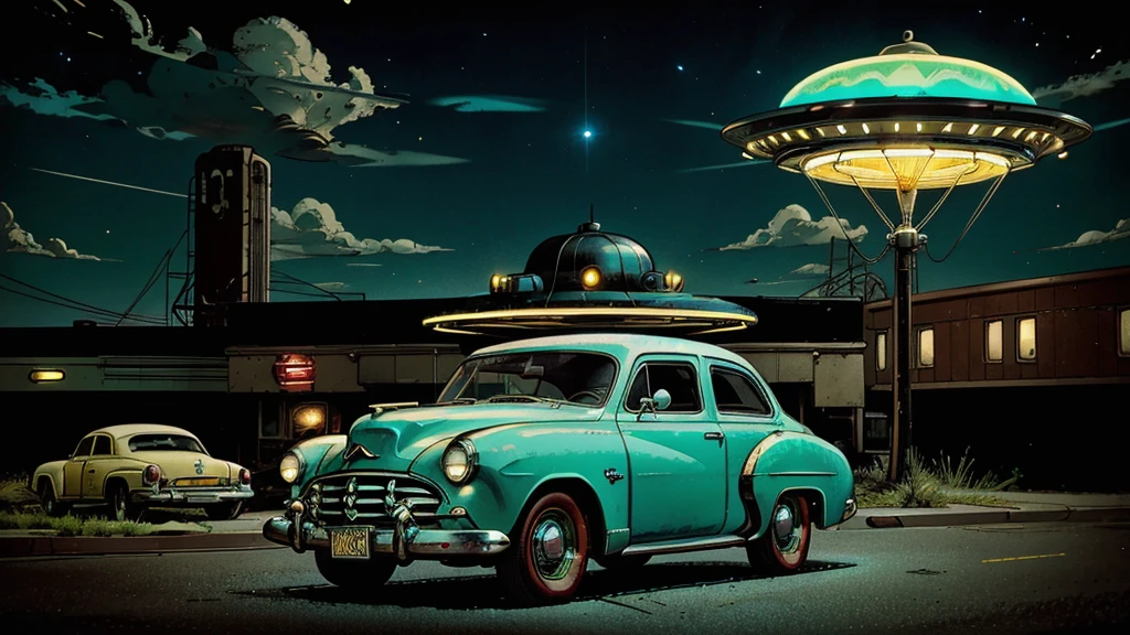 a ufo sighting in 1950s small town, UFO, flying saucer, ufo sighting, popping colors, contrast, detailed realistic cinematic scene, cinematic lighting, dramatic sky with clouds, abandoned vintage car, old-fashioned buildings, neon signs, 1950s era atmosphere, vibrant colors, hyper-realistic, 8k, ultra-detailed