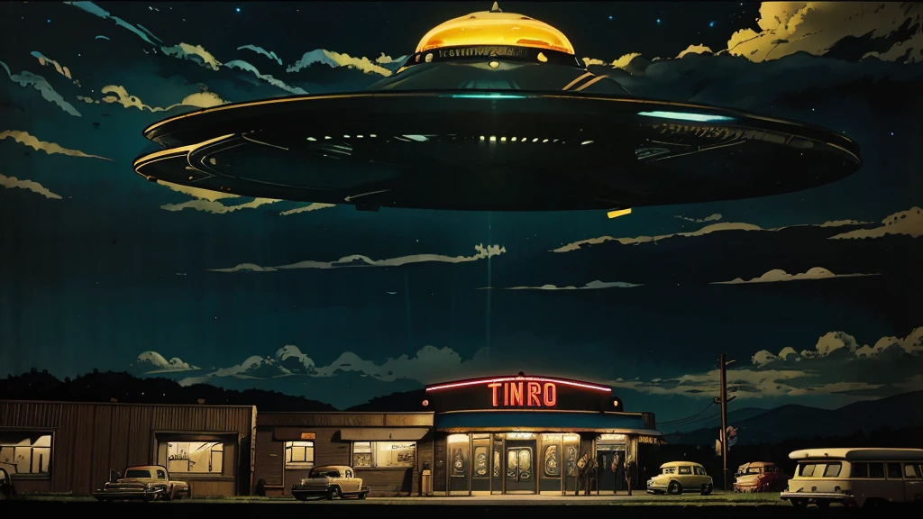 a ufo sighting in 1950s small town, UFO, flying saucer, ufo sighting, popping colors, contrast, detailed realistic cinematic scene, cinematic lighting, dramatic sky with clouds, abandoned vintage car, old-fashioned buildings, neon signs, 1950s era atmosphere, vibrant colors, hyper-realistic, 8k, ultra-detailed
