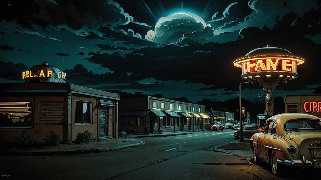 a ufo sighting in 1950s small town, UFO, flying saucer, ufo sighting, popping colors, contrast, detailed realistic cinematic scene, cinematic lighting, dramatic sky with clouds, abandoned vintage car, old-fashioned buildings, neon signs, 1950s era atmosphere, vibrant colors, hyper-realistic, 8k, ultra-detailed