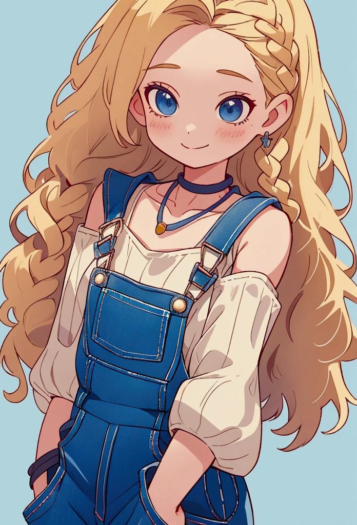 work of art, comely, 4K, detailded, details Intricate, , , overalls, jean overalls, cuffed overalls, hair blonde, long blonde braids, long flowing braids, soft blue eyes, soft smiling, slightly-smile, 1 girl, wearing no shirt, overalls over skin, bared shoulders, bare sleeves, bare arms, breasts small, Flat Breast, neckleace, neckleace behind overalls, virado para a frente, sidecut, torso shown, leaning forward, bottom blouse, neckleace