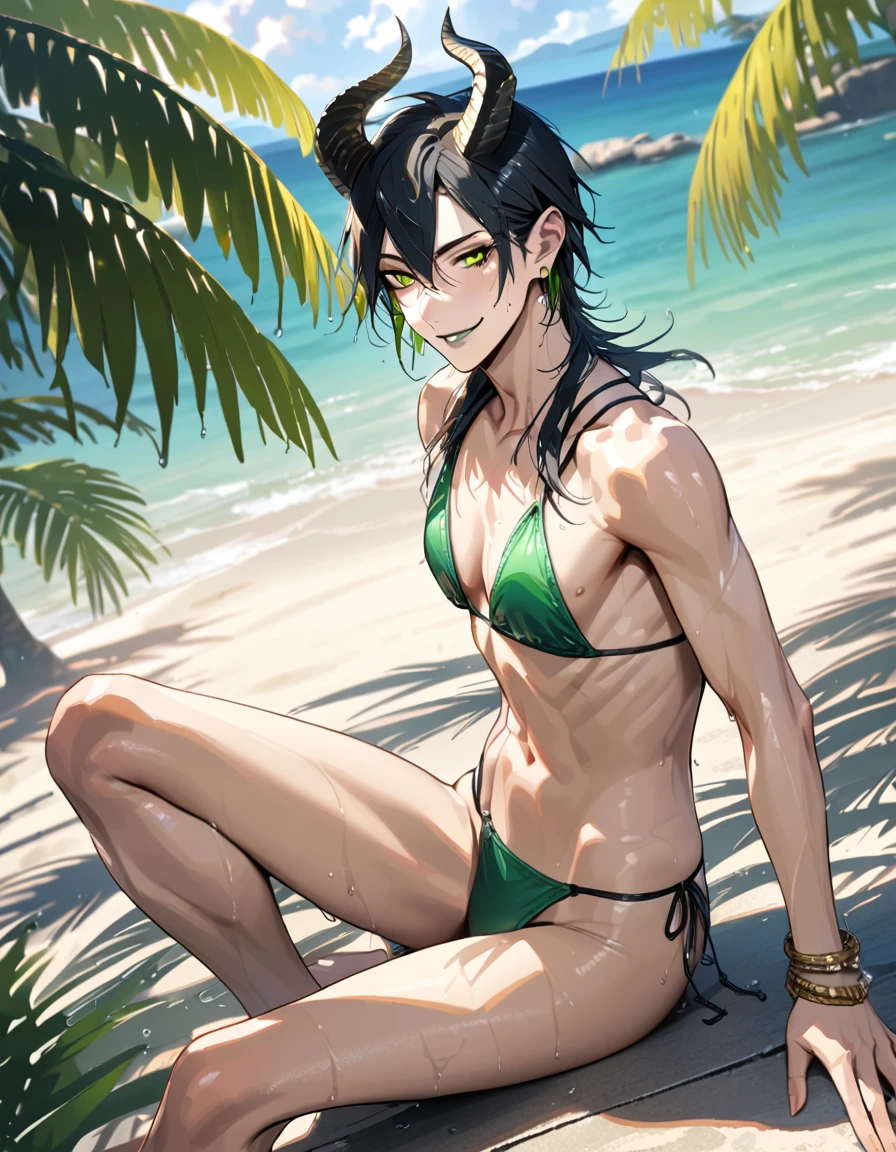 masterpiece, highres, absurdres, illustration, ((masterpiece:1.4, best quality)), (Ultra detailed background), 1boy, handsome man, highly detailed beautiful face and eyes, beautiful eyes, (sharp detail:1.3), shiny, earrings, bracelet, (wet bikini:1.3), Bari, Cebu Island, plumeria, near the beach, 1boy, sitting on floor, dynamic angle, full body, malleus draconia (twisted wonderland) horns, bishounen, boy, male, yana Toboso style, long hair, black hair, yellow green eyes, smile, gray lips, handsome, skinny, tall, yellow green glow,AddXL