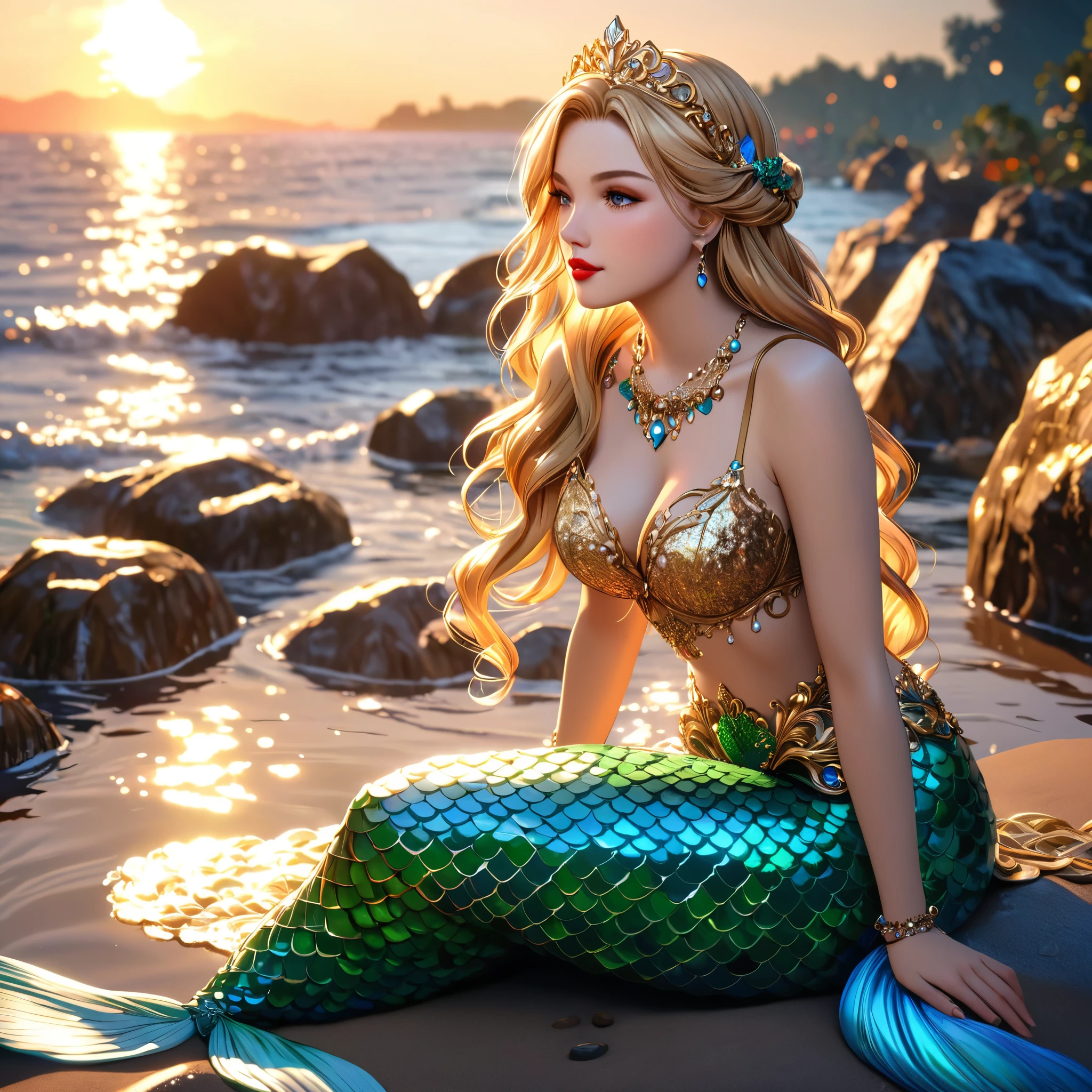 cute 20 year old mermaid princess with blonde hair with braids wearing beautiful hair accessoires sitting in the water posing and leaning with one arm on a stone, sunset, wears a golden glittery mermaid bra, beautiful mermaid, beautiful detailed human face, red lips, alluring eyes, elaborated mermaid golden tail, serene, masterpiece, full body shot, highres, high resolution, high quality, intricate details, extremely detailed, incredible details, full colored, complex details, insanely detailed and intricate, extremely detailed with rich colors. masterpiece, best quality, HDR, UHD, unreal engine, High quality, gorgeous, glamorous, 8k, super detail, gorgeous light and shadow, detailed decoration, detailed lines, glittery, fantasy, pretty colors, anime style
