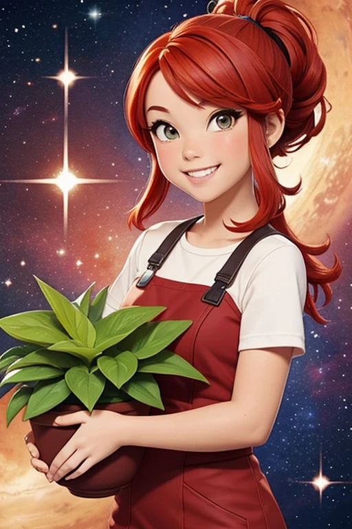 Watercolor cartoon girl with red hair smiling, holding a beautiful Crassula plant in a pot, in a galaxy shimmering detailed.