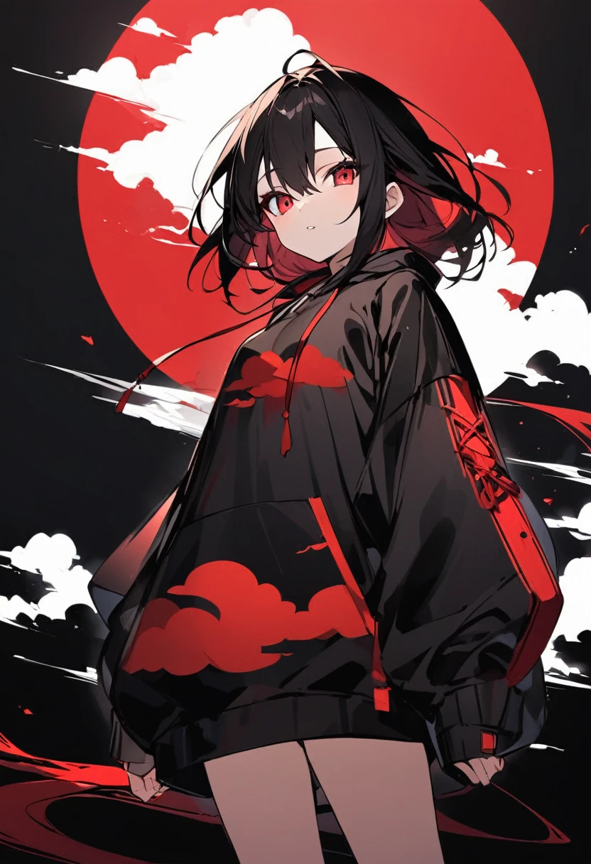 Girl with red cloud motif,Pitch black background,See-through garments,See-through body lines,See-through inner,Angle from below,Japanese style hoodie