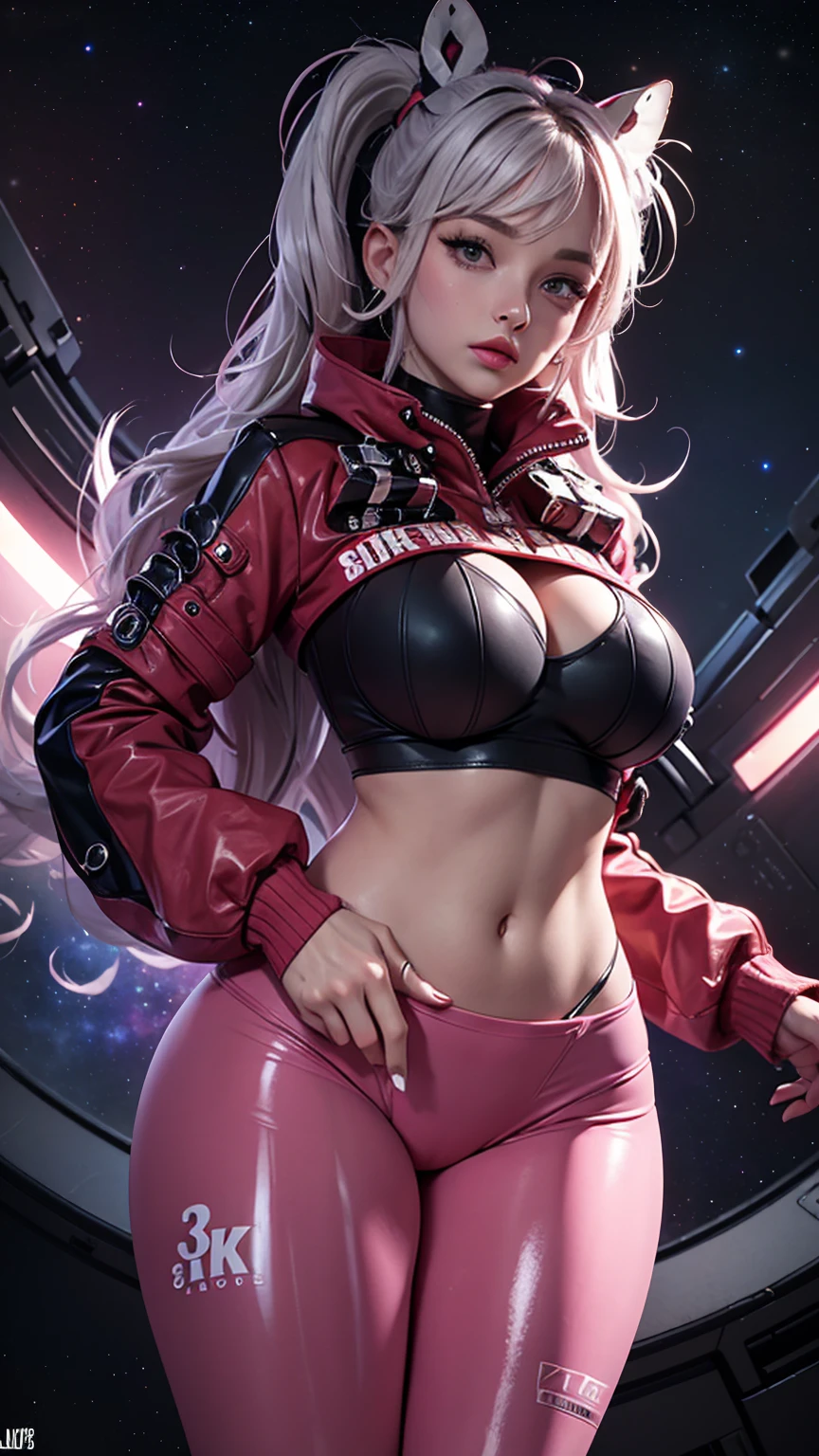 (ultra-realistic, 32k, masterpiece: 1.2), (high detail skin: 1.1), (high quality: 1.1), makeup, mascara,holo punk style, tattoo, punk spikes (light pink oversized pullover) , black leggings:1.1),, (torn clothes:1.1),,(looks at viewer, standing, top:1.1),, huge breasts,(soft dim neon light:1.1), space, space, space background, blurred background,