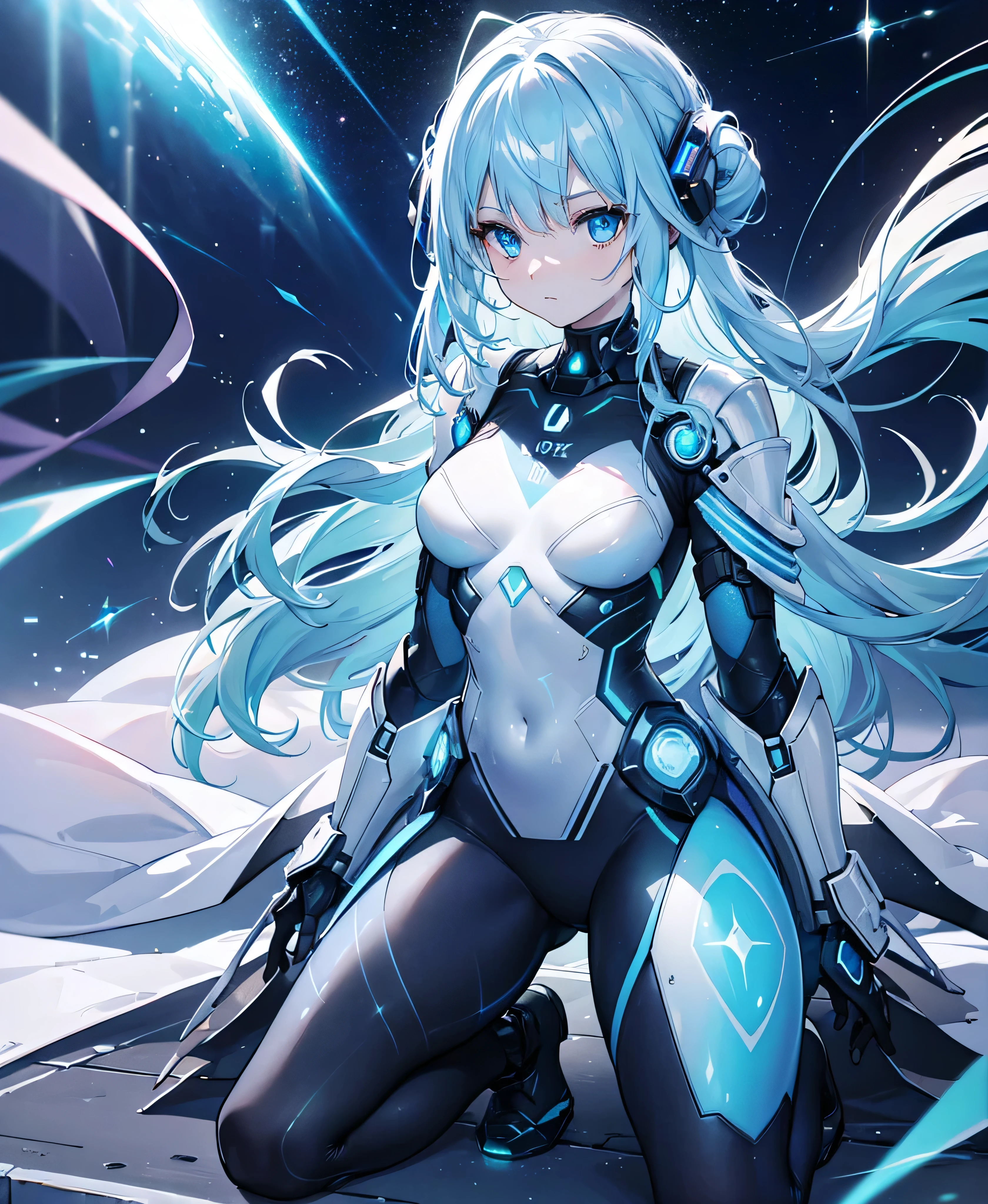 ((Holographic glow effect)),8k, Highest quality, (real:1.4), Original photo, 1 girl, Asari Hair, Biological Amplifier, refined armor, posture: Peace talks between warring factions, smart blue eyes,whole body,Vortex of Light,Band of Light,Wind of Light