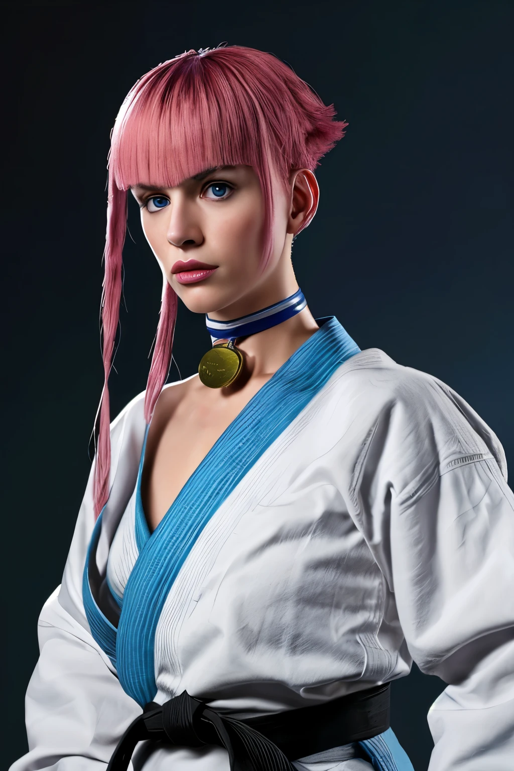 manon,short pink hair with long locks, blue eyes, blue Monkey, white karate gi,choker 