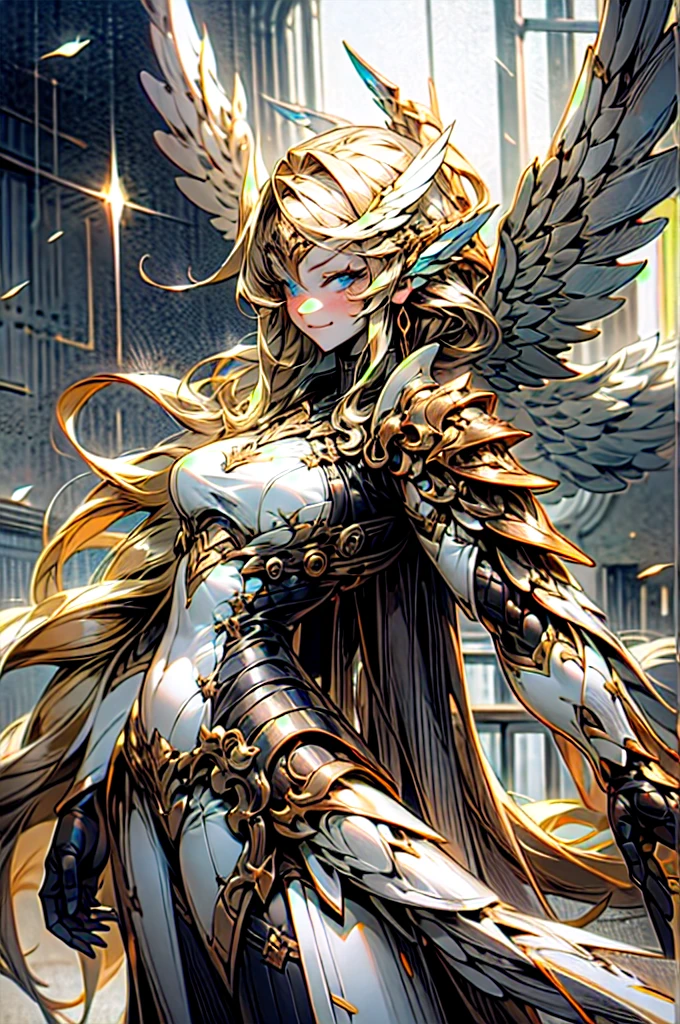 wsprmr,  metallic wing, metal wings, symmetrical metal wings,, ultra detailed, masterpiece, best quality, aesthetic, detailed,, solo, soft smile, light smile,
1girl, blue eyes, very long hair, blonde hair, long blonde hair, french braid, bangs, medium breasts,