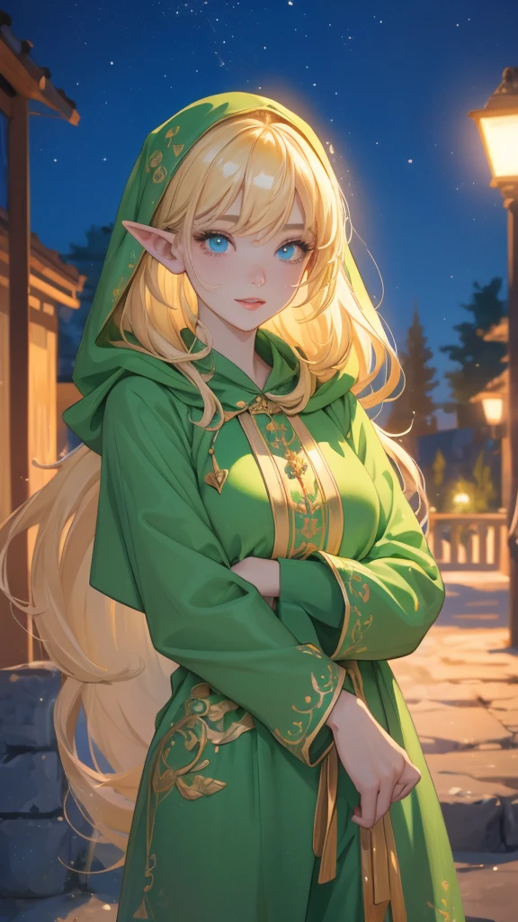 work of art, epic details, ultra detaild, best resolution, blonder woman, BEAUTIFUL ELF, rosto angelical, sculptural body, wearing loose green kigurumi pajamas with a hood, perfect hands, expression of happiness, Grinning, big simple smile, Scenario: in the backyard at night, supper: looking at the dark sky, no mistakes, epic details na face, ultra perfect eyes
