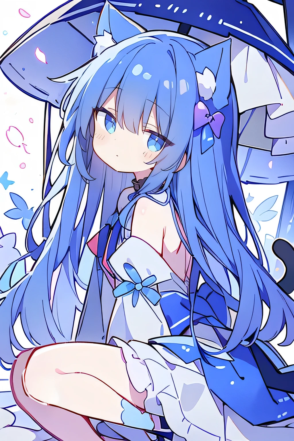 (masterpiece:1.2),Super detailed,lifelike,Expressive eyes,fair skin,perfect face shape,1 girl,
Japanese comics,Gorgeous blue hair,flowing blue hair,flowing clothes,Cat ears,Petals fall,beautiful lola,Baby Angel,
Shaking head with one hand,Cross your legs,,The pavilion is cool and comfortable,smile,back views,sunrise,Petals fall