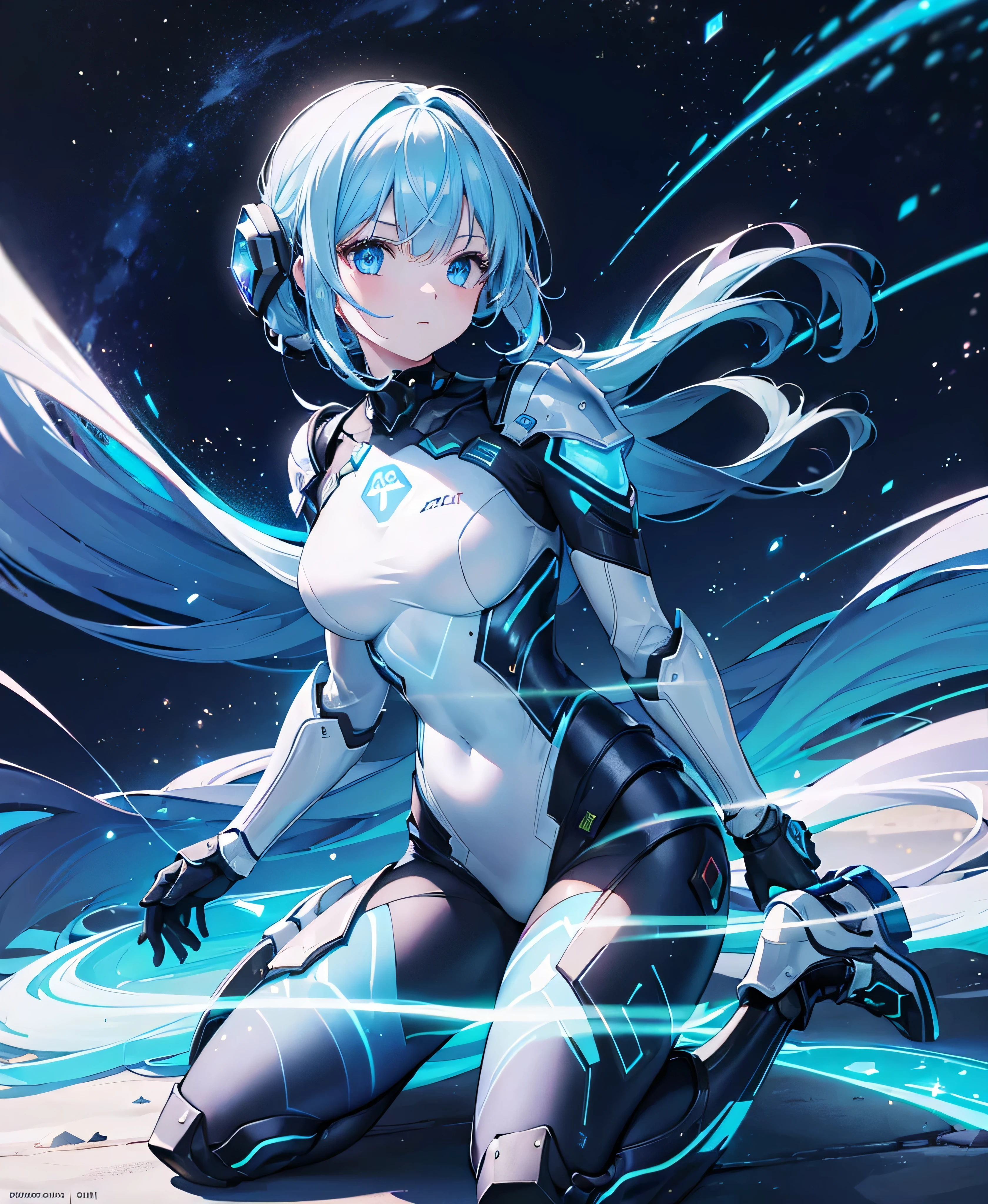 ((Holographic glow effect)),8k, Highest quality, (real:1.4), Original photo, 1 girl, Asari Hair, Biological Amplifier, refined armor, posture: Peace talks between warring factions, smart blue eyes,whole body,Vortex of Light,Band of Light,Wind of Light