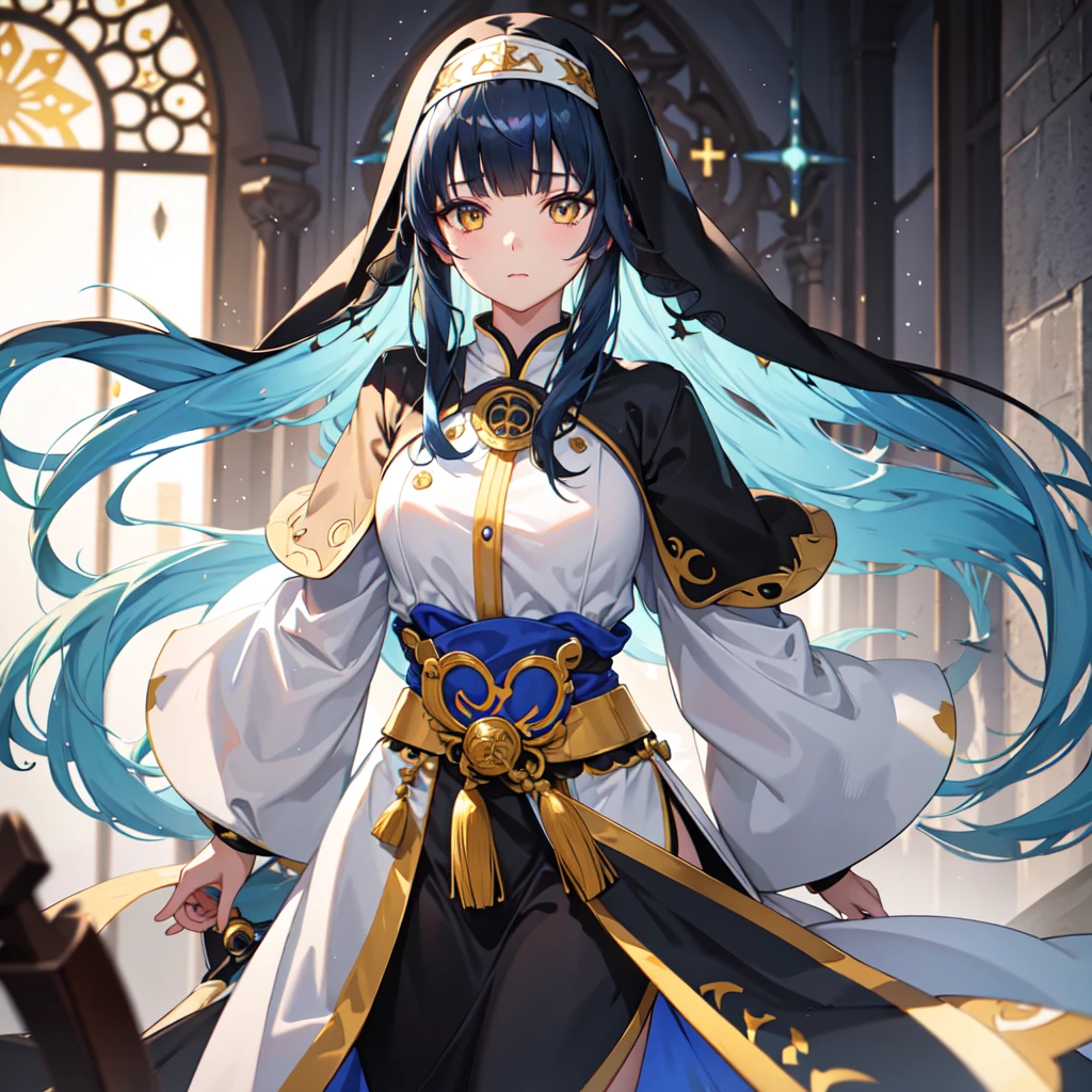1 girl、(church)、Stained glass、Depth of written boundary、The focus is clear、sun rays、Good composition、(Bokeh:1.2) 1 girl、solo、(Half Body)、(Mouth closed)、The fine details are beautiful、Pause(knifeを持つ)、Waistline、(((Black ceremonial clothing)))、Messy Hair、Long hair floating in the wind、hiqcgbody、((Blunt Bangs))、Blue Hair、Yellow Eyes、((long hair))、Medium breast、Sister、Nun、knife、scimitar、偃月knife、Face Veil、battle