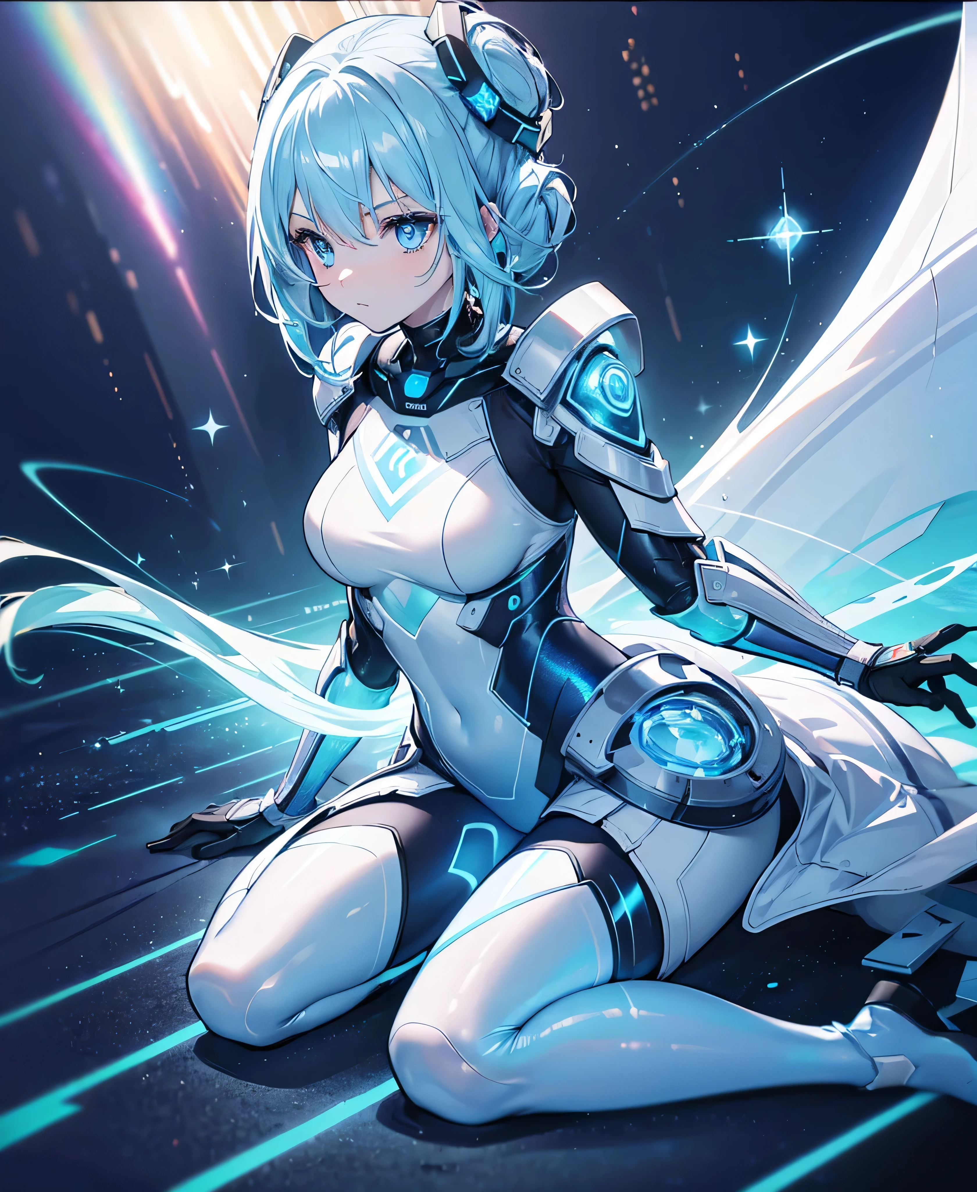 ((Holographic glow effect)),8k, Highest quality, (real:1.4), Original photo, 1 girl, Asari Hair, Biological Amplifier, refined armor, posture: Peace talks between warring factions, smart blue eyes,whole body,Vortex of Light,Band of Light,Wind of Light