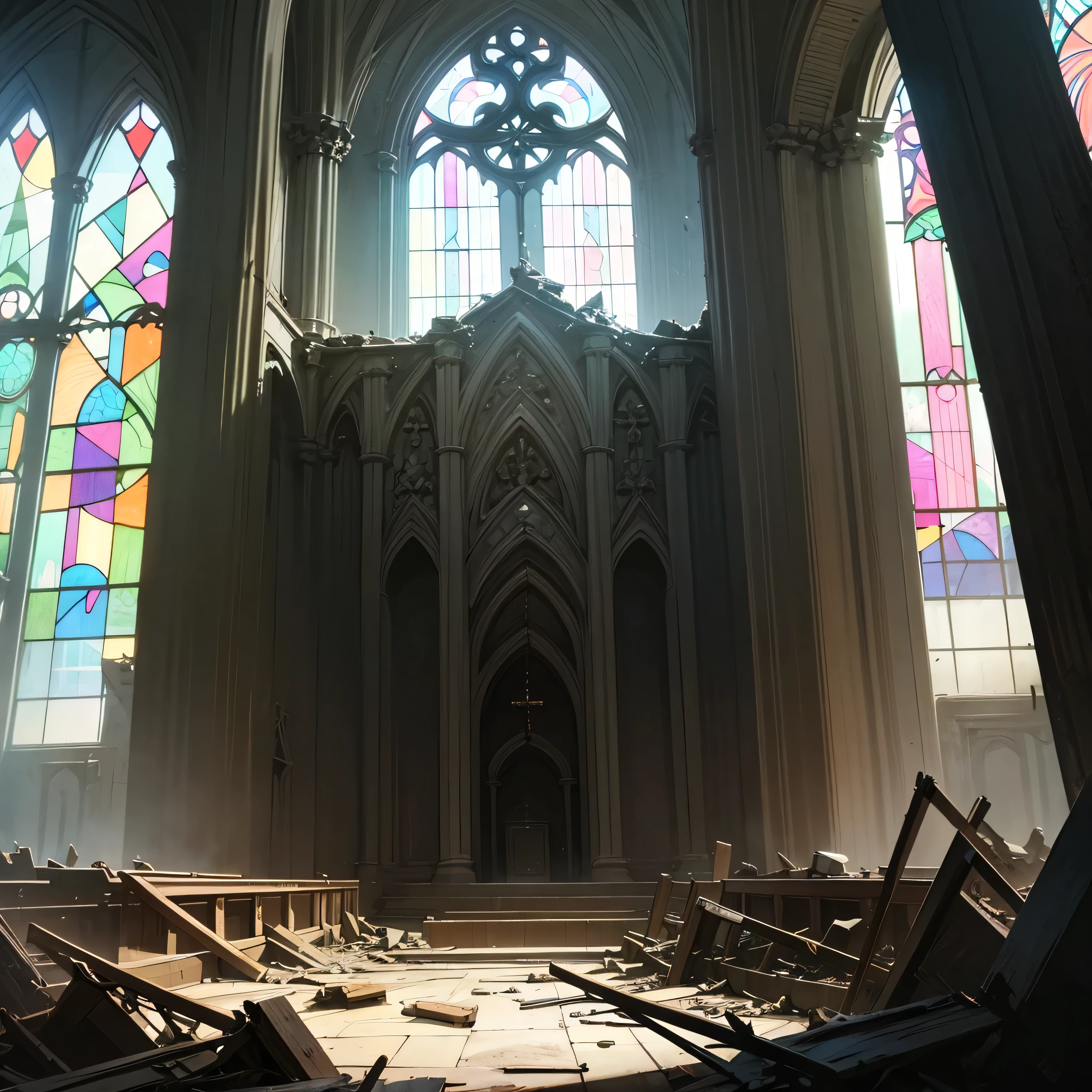 no human, old rotten church, devastated ruin, stained glass