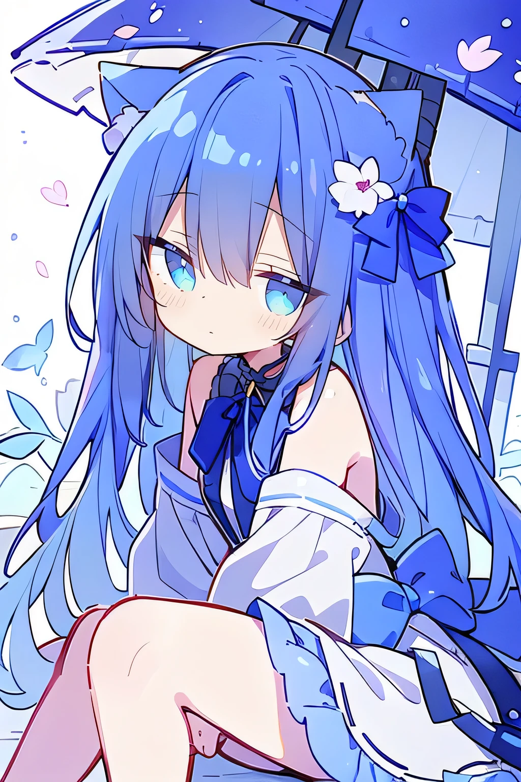 (masterpiece:1.2),Super detailed,lifelike,Expressive eyes,fair skin,perfect face shape,1 girl,
Japanese comics,Gorgeous blue hair,flowing blue hair,flowing clothes,Cat ears,Petals fall,beautiful lola,Baby Angel,
Shaking head with one hand,Cross your legs,,The pavilion is cool and comfortable,smile,back views,sunrise,Petals fall