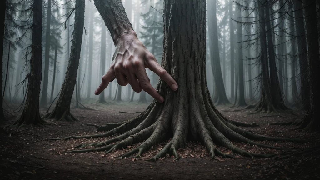 A gnarled tree trunk stands tall amidst a forest, its branches reaching out towards a gray sky. A human arm and hand, with fingers extended outward, grasp the rough texture of the tree bark, as if reaching for something beyond the frame. The arm and hand, appearing discolored and aged, give the image a haunting, almost ghostly, atmosphere.