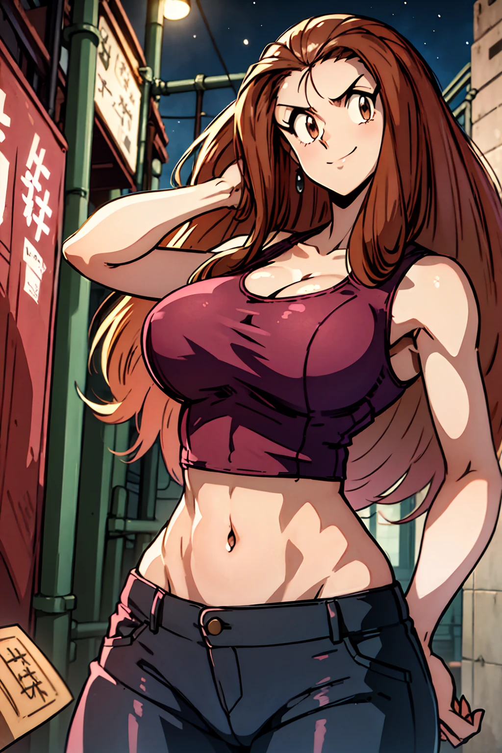 ((Masterpiece)), ((best quality)), very detailed, Detailed background, 1 woman, wavy brown hair, conjunctivitis, sly face , smile , tank top, pink panties , abdomen, big breasts , stand on your hips , abandoned factory, at night