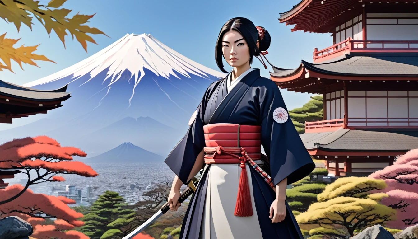 Female samurai,Mount Fuji and a Japanese garden in the background