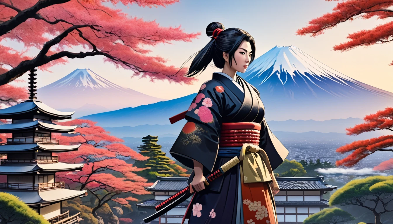 Female samurai,Mount Fuji and a Japanese garden in the background