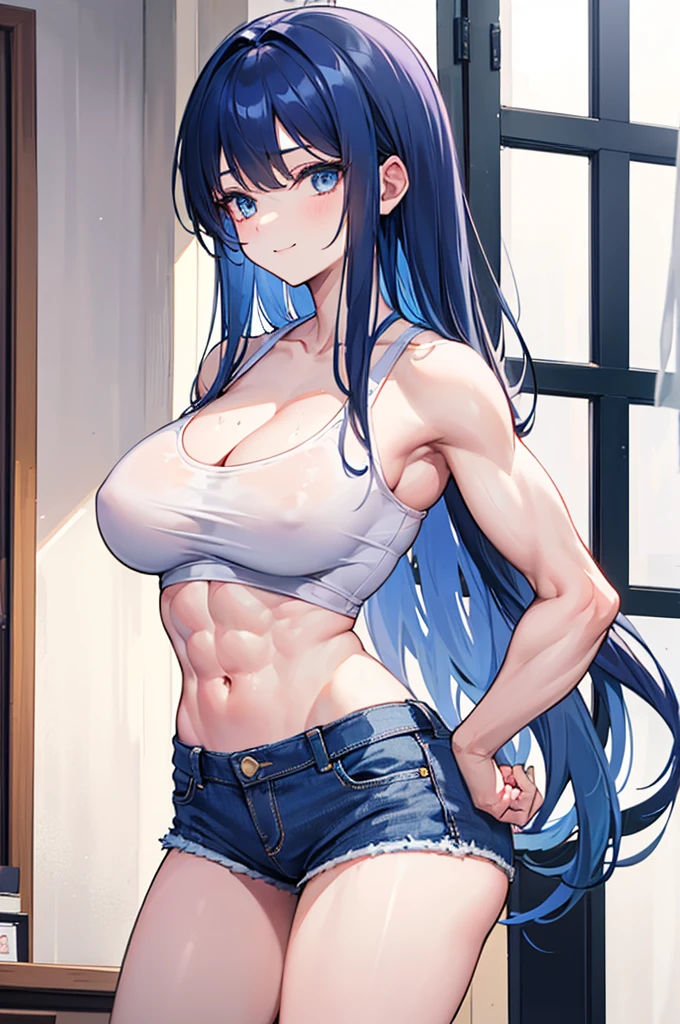 1girl, solo, (blue hair, blue eyes, long hair, bangs:1.0), (large breasts, muscular shoulders, muscular arms, narrow waist, petite:1.2), (white shirt, cleavage, bare shoulders, bare arms, bare legs, denim shorts, midriff peek:1.0), light smile, indoors,