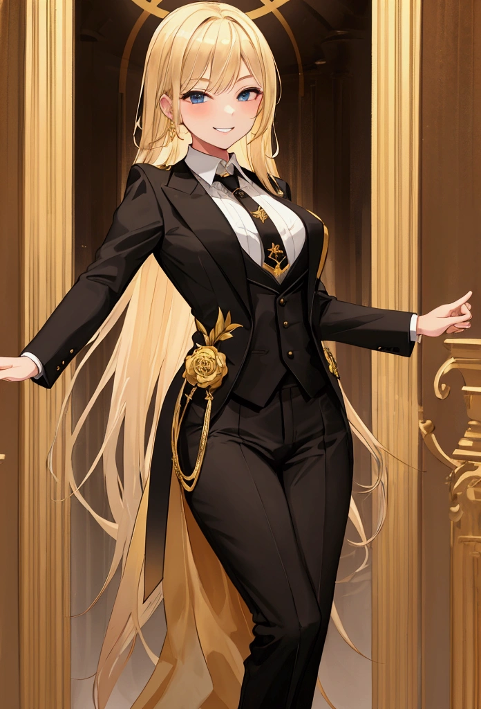 Young, blonde haired girl, medium breasts, black and gold suit and tie, at dance, smiling, smile