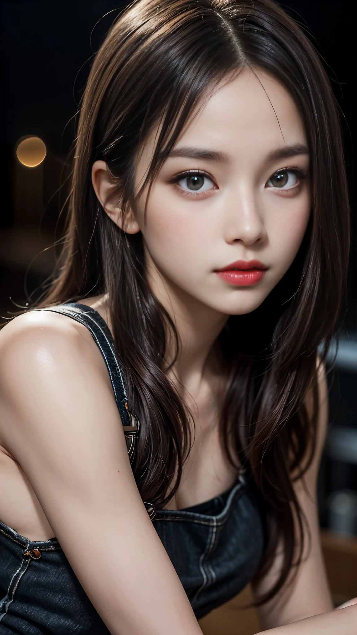 (Best quality,8k,high resolution,masterpiece:1.2),Digital Artwork, A girl，Delicate face，Delicate eyes，Dark brown hair，Straight Hair，Shining amber eyes，Red lips，Suspenders ，particle，dust，Slightly blush，shy，in love，looking at affectionately，(HD skin)，Shallow depth of field，Warm colors，Two-color light