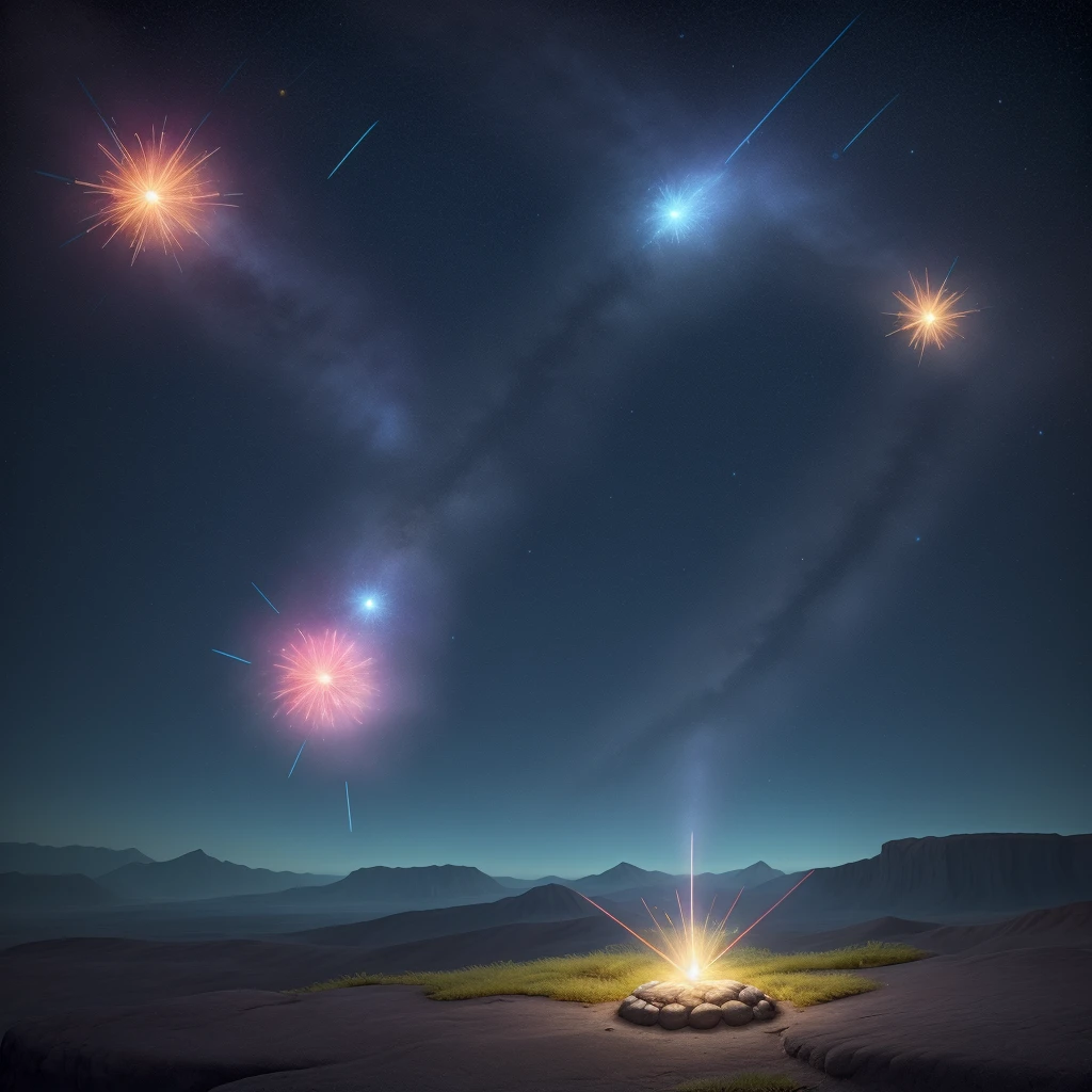 1. The Primal Spark: A solitary spark of light floating in the infinite void, radiating vibrant colors and marking the beginning of the universe.