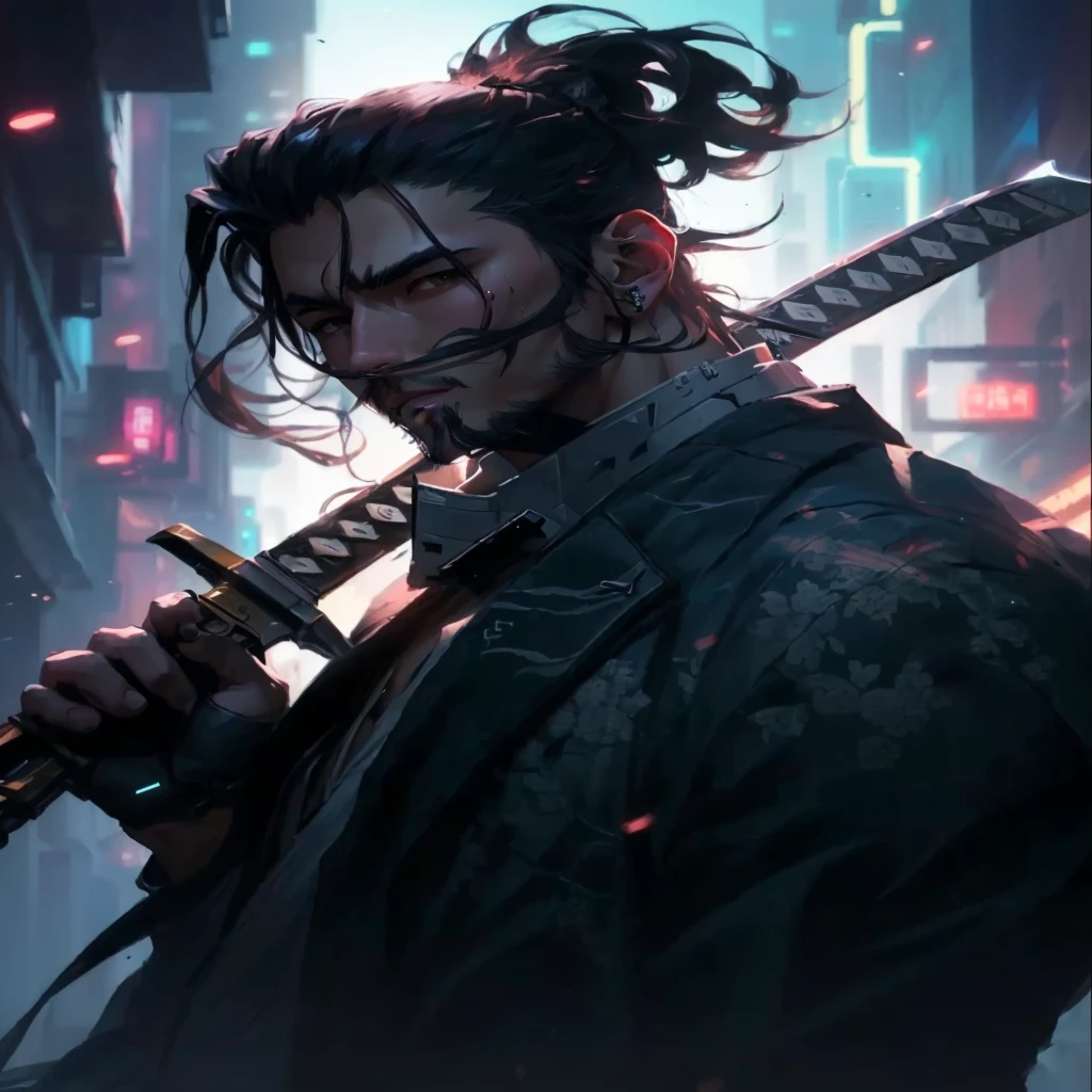 a close-up of a person holding a sword in a city, handsome guy in demon slayer art, very beautiful cyberpunk samurai, cyberpunk samurai, portrait of a cyberpunk samurai, 坏蛋动漫8 K, hanzo from overwatch, cyberpunk anime art, ross tran style, beaten tech. neo preto style, non-style artwork by guweiz, urban samurai, modern cyberpunk anime
