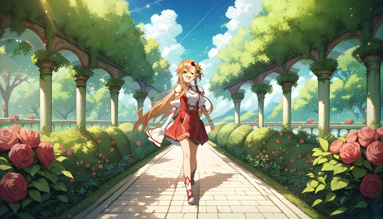 1girl, solo, animegirl, asuna yuuki, yuuki asuna from sword art online, in a pretty garden, ((aesthetic wallpaper)), ((walking in the garden)), ((pretty sky)), ((happy))
