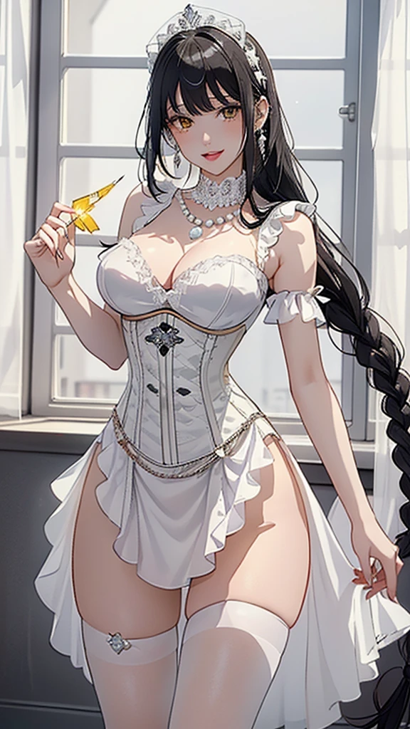 (((masterpiece, super high resolution, ultra HD, 8K quality))), (((((woman in shining white colored corset dress))))), (((See-through revealing dress, Garter belt))), (((((shining Black Hair, Braid))))) , (((beautiful sparkling yellow eyes, pupils with highlights))), ((bangs bangs)), pink lips, sexy expression, ((highly detailed)), (perfectly detailed face), (detailed and carefully drawn hands), (((very Big Tits))), (((charming smile))), photorealistic image, silver tiara and earrings, pearl necklace, jade bangle, diamond ring, Beautiful figure from the knees up, standing, beautiful pose
