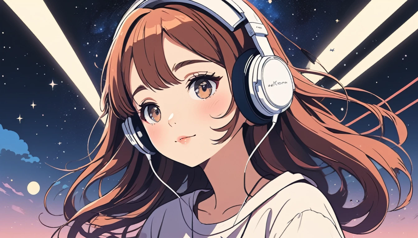 Woman wearing headphones、 Wide-angle lens, Lofi Anime, Lofi illustration, Aesthetic atmosphere, Lo-Fi Style, Vector art, Flat Design, Simple shape, Warm tones, Pleasant atmosphere, Chill, In anime style, Digital drawing, Vector art, Vector logo for t-shirt printing, (Adorable:1.5), (small:1.4), (Playful:1.2), (soft:1.3), (Whimsical:1.1), masterpiece, Highest quality, 8k, Intricate details, grow, Celestial, Mysterious, Picturesque, amazing, Majestic, Magic, Fantasy art, Cover art, dream-like