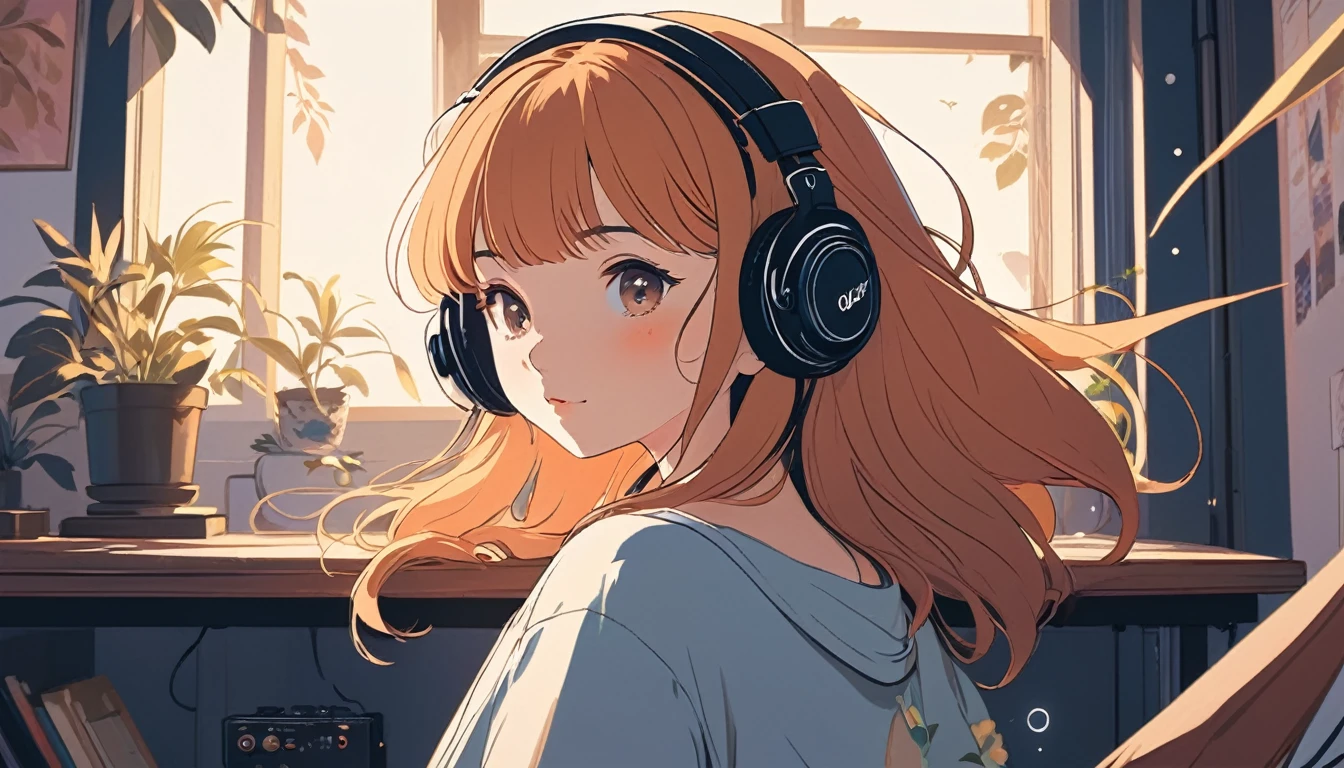 Woman wearing headphones、 Wide-angle lens, Lofi Anime, Lofi illustration, Aesthetic atmosphere, Lo-Fi Style, Vector art, Flat Design, Simple shape, Warm tones, Pleasant atmosphere, Chill, In anime style, Digital drawing, Vector art, Vector logo for t-shirt printing, (Adorable:1.5), (small:1.4), (Playful:1.2), (soft:1.3), (Whimsical:1.1), masterpiece, Highest quality, 8k, Intricate details, grow, Celestial, Mysterious, Picturesque, amazing, Majestic, Magic, Fantasy art, Cover art, dream-like