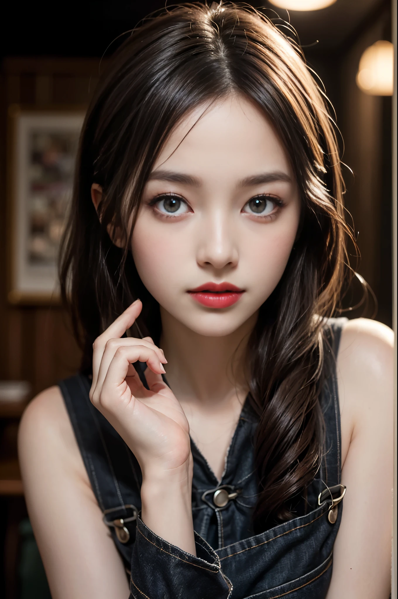 (Best quality,8k,high resolution,masterpiece:1.2),Digital Artwork, A girl,Delicate face,Delicate eyes,Dark brown hair,Straight Hair,Shining amber eyes,Red lips,Suspenders ,particle,dust,Slightly blush,shy,in love,looking at affectionately,(HD skin),Shallow depth of field,Warm colors,Two-color light