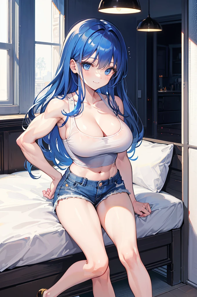 1girl, solo, (blue hair, blue eyes, long hair, bangs:1.0), (large breasts, muscular shoulders, muscular arms, narrow waist:1.2), (white shirt, cleavage, bare shoulders, bare arms, bare legs, denim shorts, midriff peek:1.0), light smile, indoors,