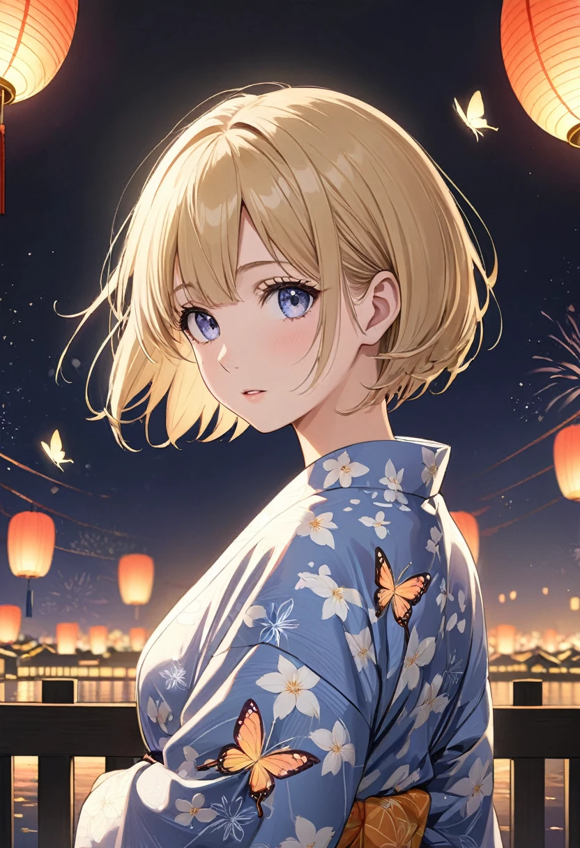 One girl, blonde short hair, wearing a Yukata with a butterfly pattern on a black base,She is watching Japanese HANABI,(((masterpiece))), (((best quality))), ((ultra-detailed)), (illustration), (detailed light),((an extremely delicate and beautiful)),(beautiful detailed eyes),
