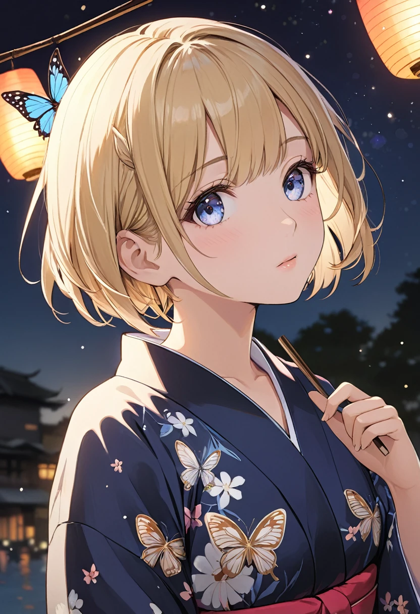 One girl, blonde short hair, wearing a Yukata with a butterfly pattern on a black base,She is watching Japanese HANABI,(((masterpiece))), (((best quality))), ((ultra-detailed)), (illustration), (detailed light),((an extremely delicate and beautiful)),(beautiful detailed eyes),
