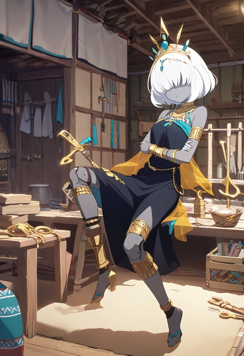 1girl, gold rings, jewelry, necklacke, white hair, very short hair, hair over eyes, grey skin, aqua eyes, black dress, sleeveless, yellow veil around the arms, turquoise tiara, tribal tiara, golden wrench, workshop, tribal house, prosthetic legs, (masterpiece), best quality, anime style,