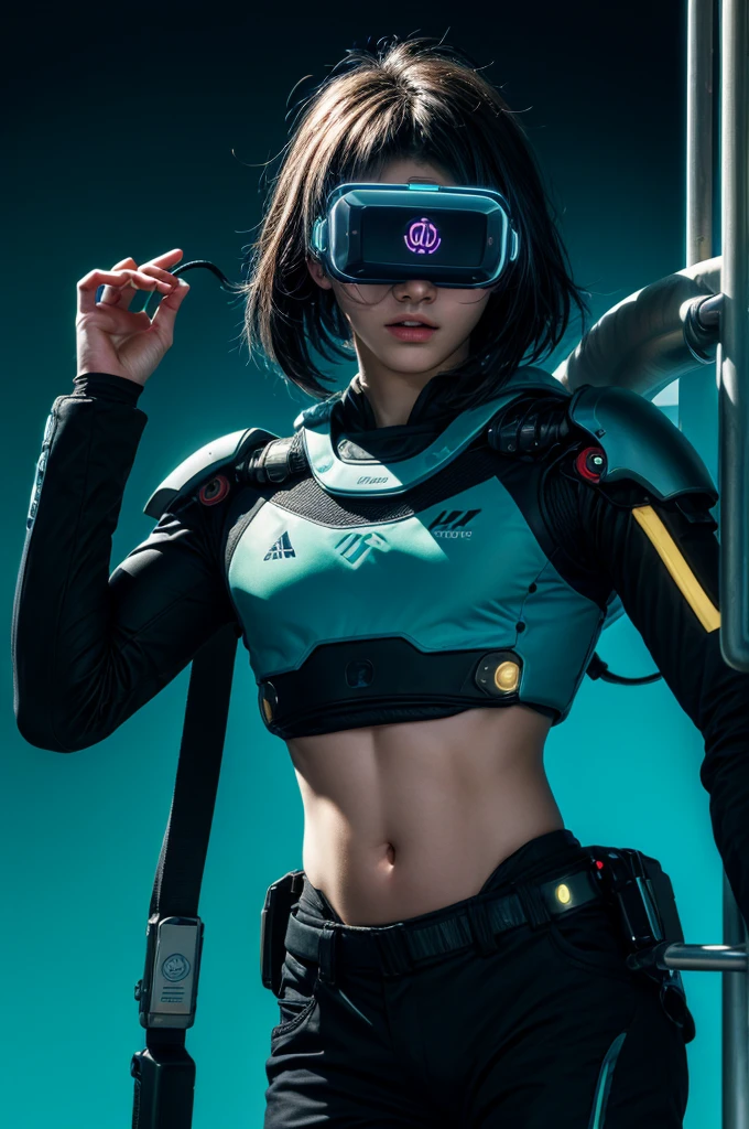 best quality, head-mounted display,
(1 boy), young 16 yo, twink, exposed belly and lower chest, surrounded by azure neon, short black hair, short black hair, NodesTech mascara, NodesTech headdress, wearing crop top cyborg armor
BREAK sci-fi background, detailed background,  azure neon background, data  