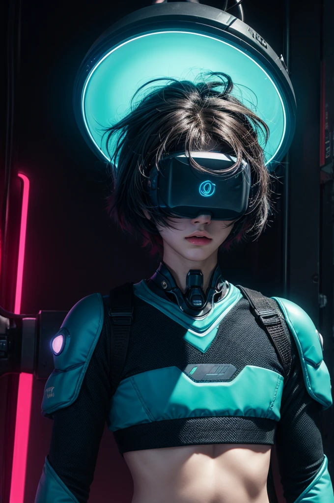 best quality, head-mounted display,
(1 boy), young 16 yo, twink, exposed belly and lower chest, surrounded by azure neon, short black hair, short black hair, NodesTech mascara, NodesTech headdress, wearing crop top cyborg armor
BREAK sci-fi background, detailed background,  azure neon background, data  