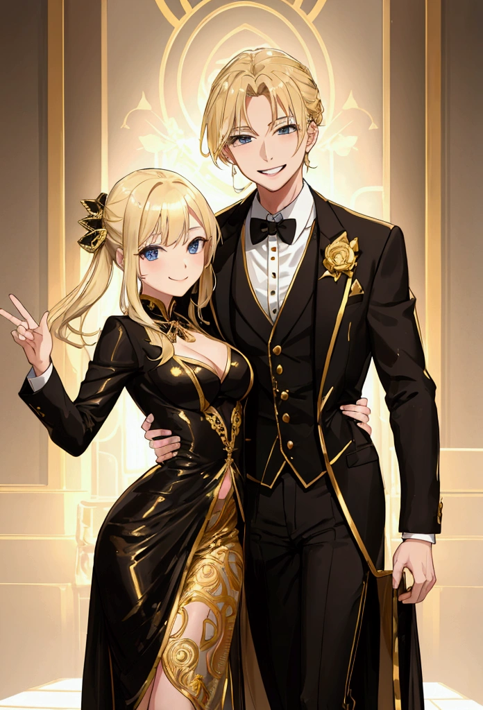 Young, blonde haired girl, medium breasts, black and gold suit and tie, at dance, smiling, smile