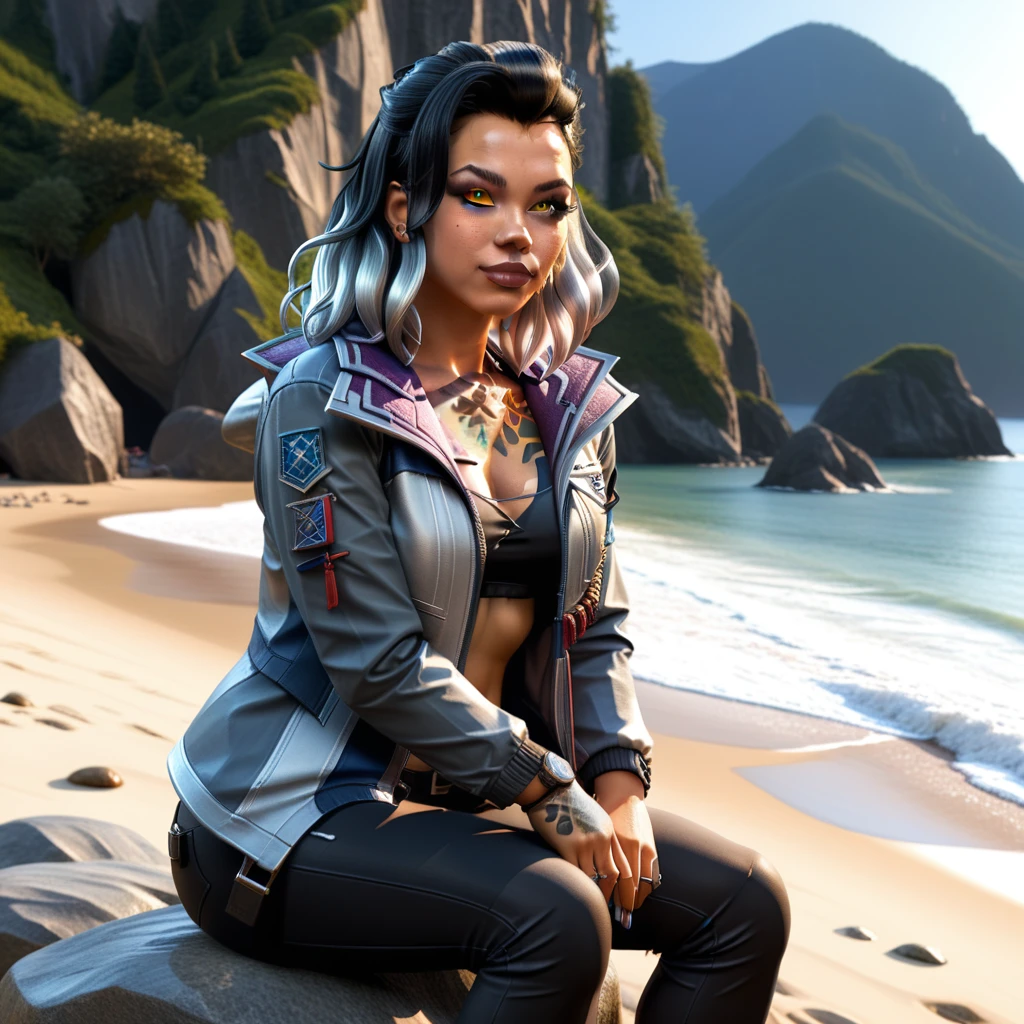 Beautiful picture of Fade from Valorant, fade_valorant, detailed, grey fingernails, shoulders tattoo of a bear paw, scar on nose, black grey hair, perfect body, perfect  , sitting on the beach enjoying the view, bikini, sitting on a stone