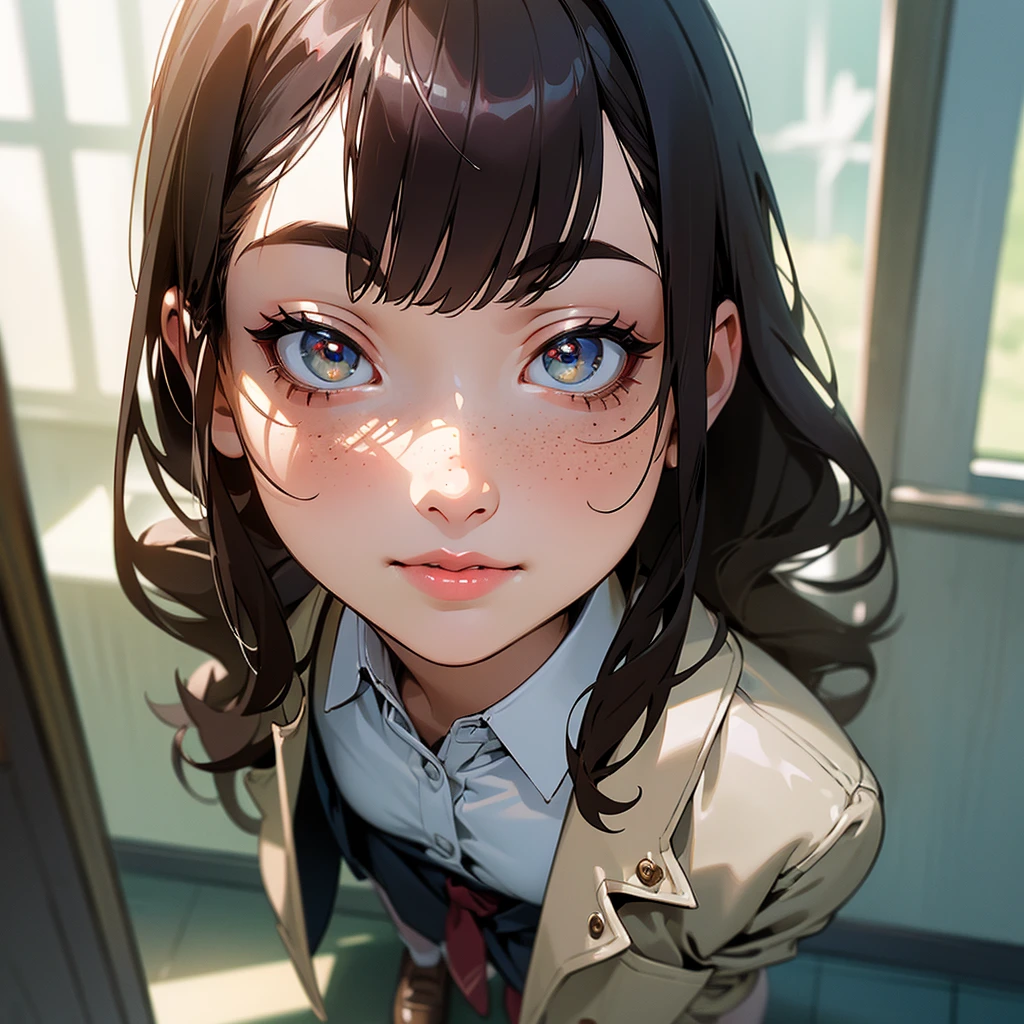 ((masterpiece)), best quality, extremely detailed face, ultra high res, (photorealistic:1.4), Amazing, finely detail, huge filesize, correct exposure, 1 girl, Athletic Body, 172cm height, (intricate details), SOLO, looking at the viewer, perfect lighting, realistic, lips, blush, shiny skin, fair skin, extremely detailed face, beautiful detailed eyes,cute freckles face, (detail skin:1.2), depth of view, ,((school uniform, overcoat,bra dress,leather shoes,)), fullbody shot, standing,