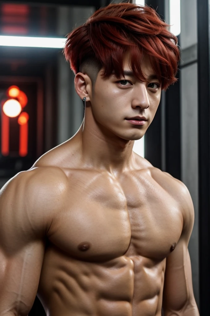 BTS Jungkook, undercut hairstyle, red hair, muscular