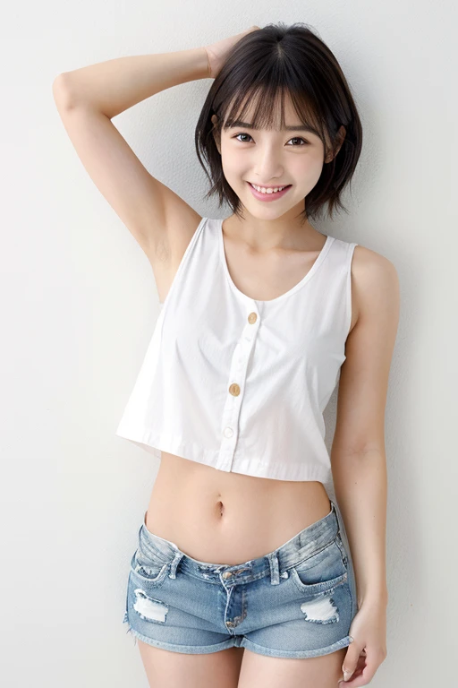 Highest quality、Ultra-high resolution、masterpiece、、Clear photos、(very cute日本の女の子)、smile、(whole body)、(very cute!)、thin、Very short hair、(Low-rise denim shorts:1.6、Unbutton、Pull-down denim shorts)、(White panties are visible)、 White tank top、Vivid depiction